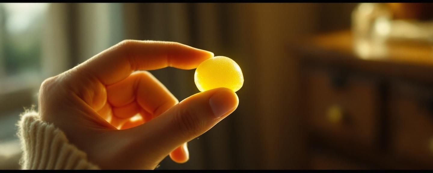 Hand holding a translucent yellow Delta-9 THC gummy in warm window light
